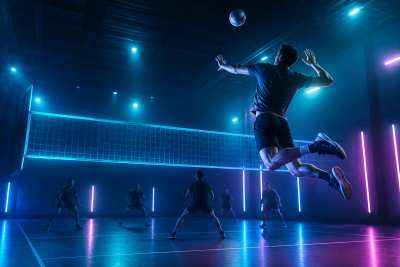 Foto esportiva neon — vôlei em suspensão