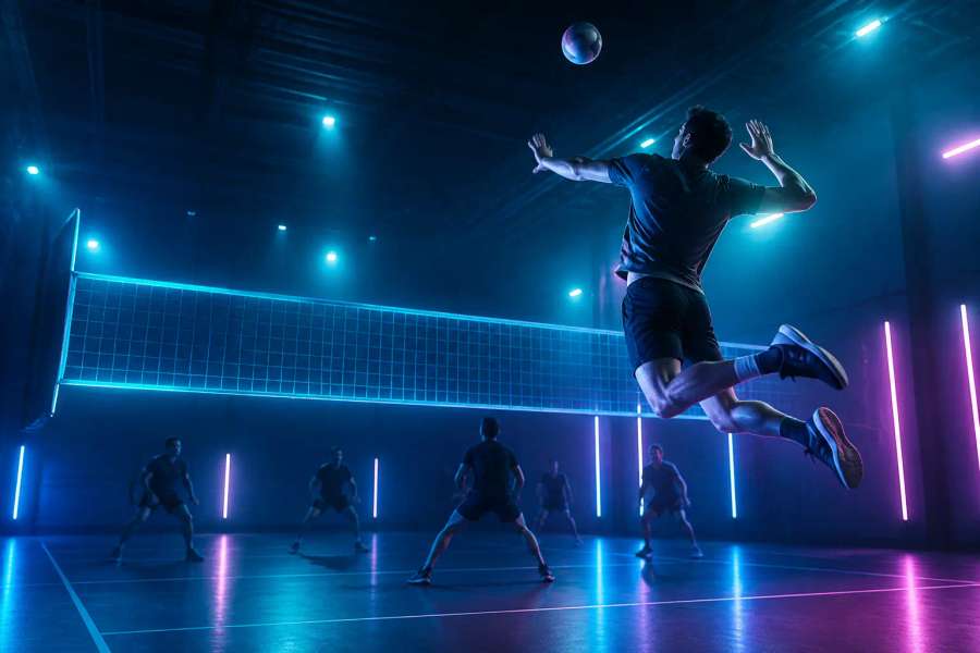 Foto esportiva neon — vôlei em suspensão