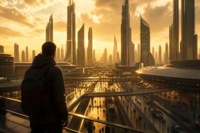 Metrópole sci-fi com viajante