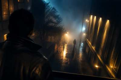 Cena cinematográfica noturna com neblina e neon