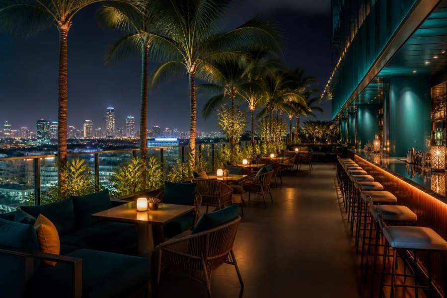 Bar em rooftop à noite com luzes e skyline tropical ao fundo, interior