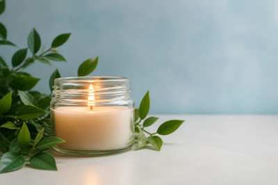 Vela aromática artesanal acesa em pote de vidro com folhas e luz quente