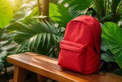 Mochila genérica de lona sobre banco de madeira com folhas tropicais, produto