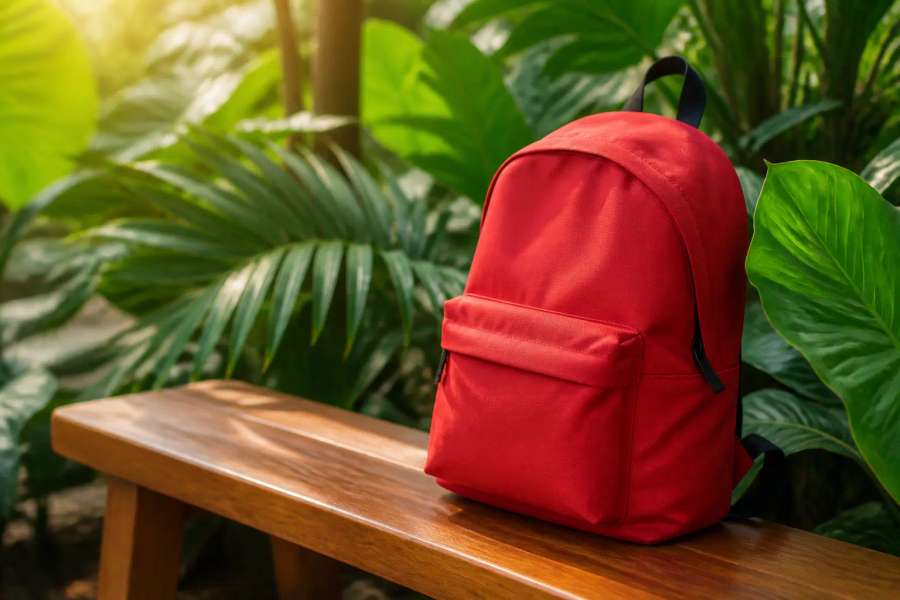 Mochila genérica de lona sobre banco de madeira com folhas tropicais, produto
