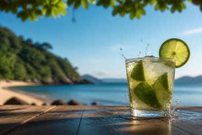 Copo de caipirinha com gelo e limão, respingos frescos, fundo de bar à beira-mar desfocado