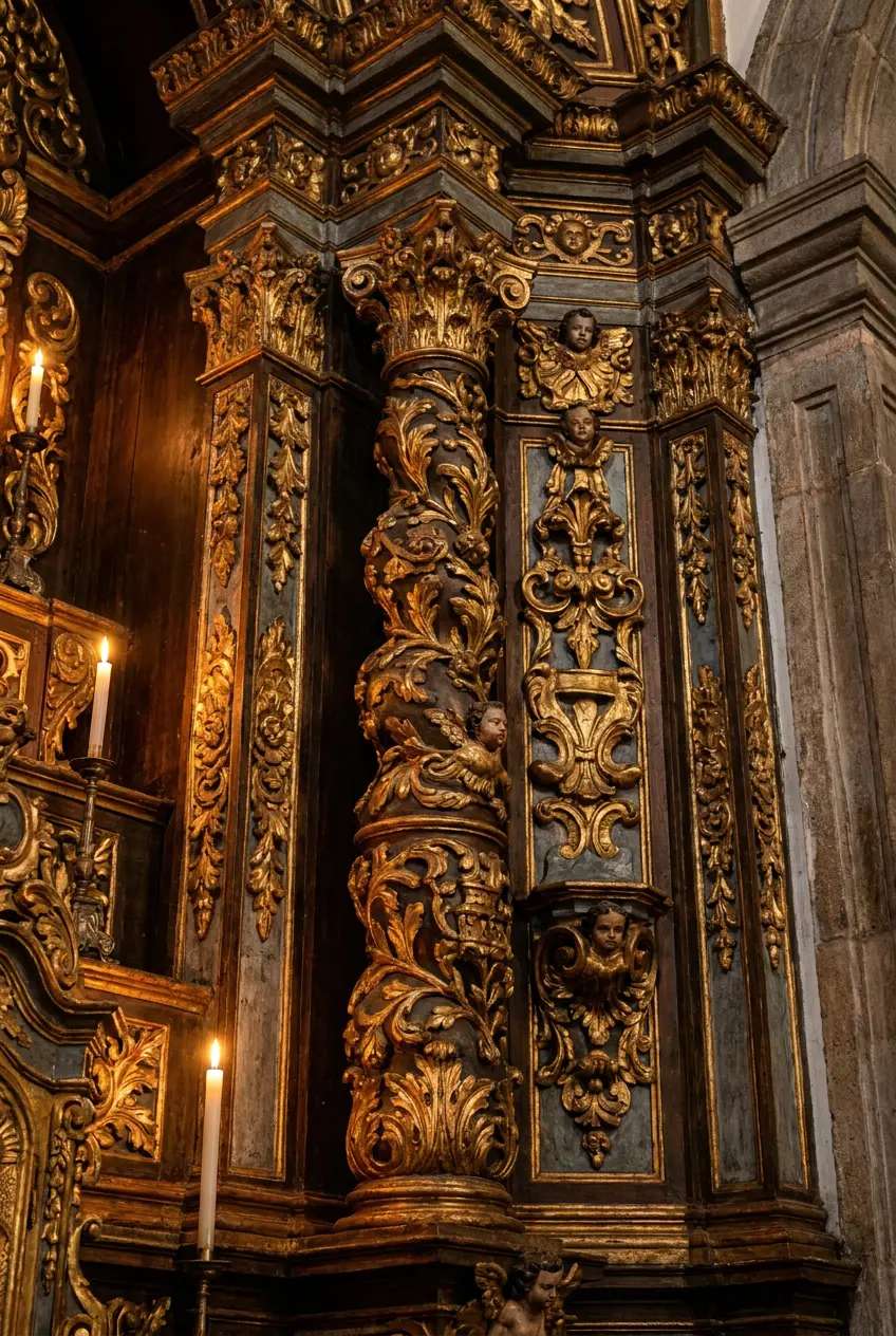 Ornamento barroco mineiro dourado em madeira escura