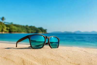 Óculos de sol genéricos sobre areia com reflexo do mar, produto de verão