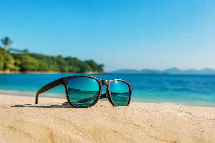 Óculos de sol genéricos sobre areia com reflexo do mar, produto de verão