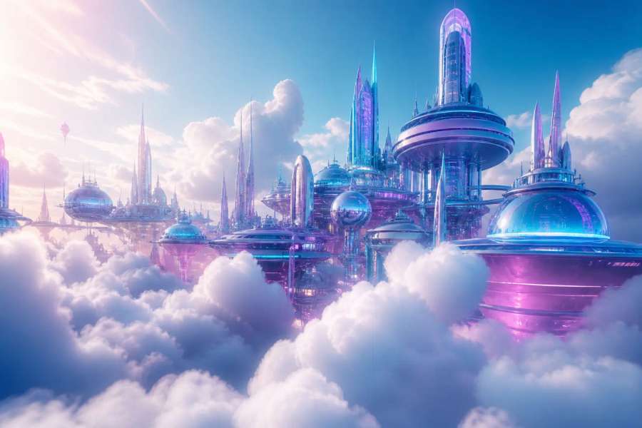 Cidade flutuante surreal entre nuvens