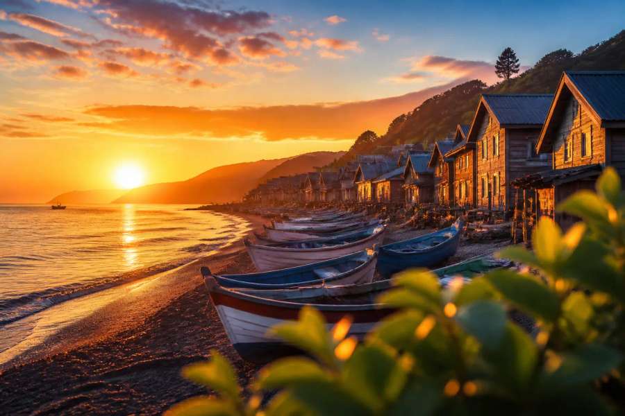 Aquarela de vila costeira ao amanhecer