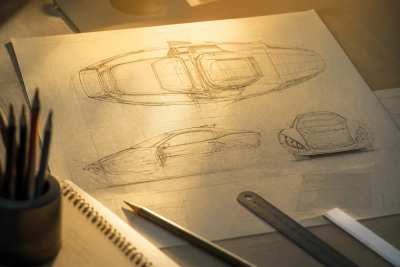 Prancha de concept art em blueprint técnico