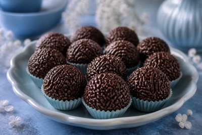 Brigadeiros gourmet com granulado brilhante em prato de porcelana, close apetitoso
