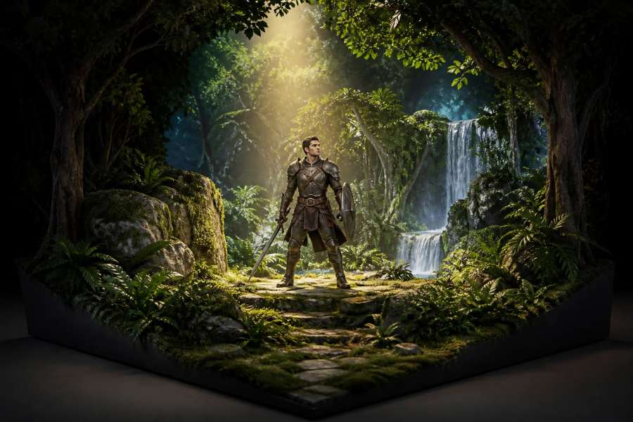 Pôster 3D com diorama isométrico de aventura