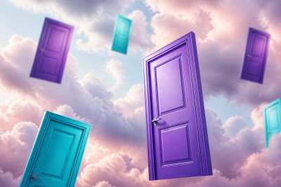 Paisagem surreal com portas flutuantes no céu