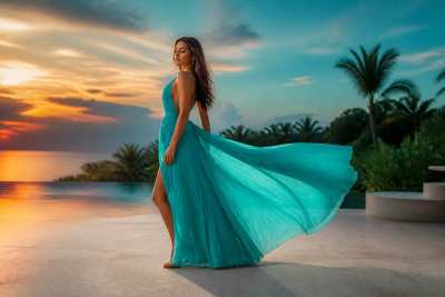 Vestido de festa esvoaçante em editorial de moda ao entardecer tropical, corpo inteiro
