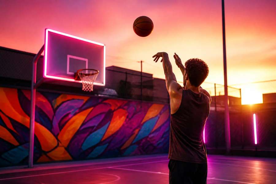 Foto esportiva neon — basquete de rua