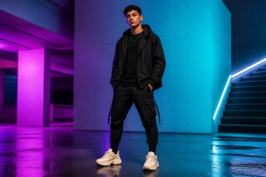 Retrato streetwear de corpo inteiro