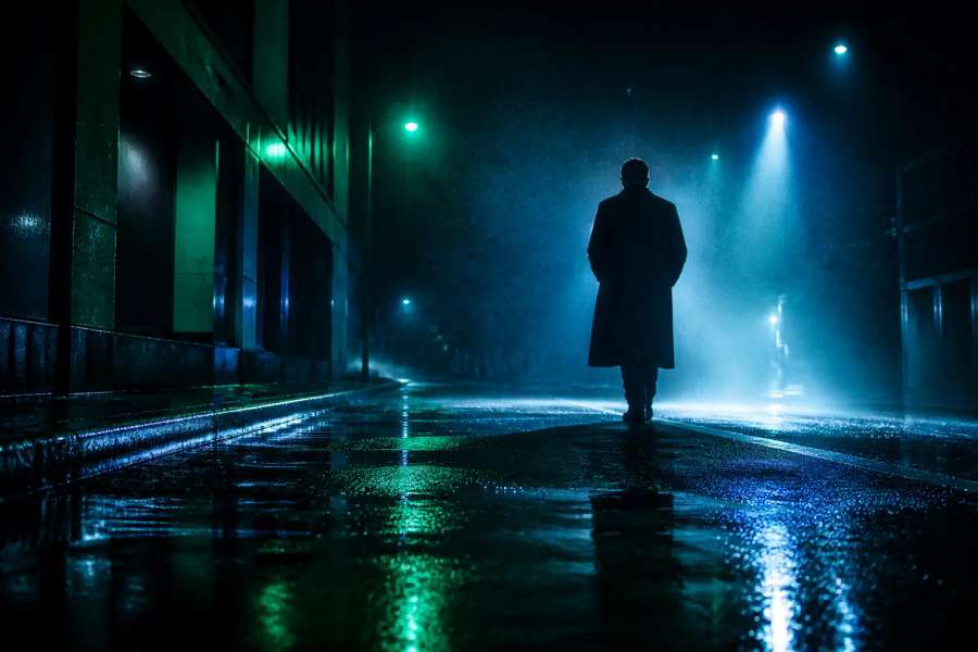 Cena cinematográfica sob neon e chuva