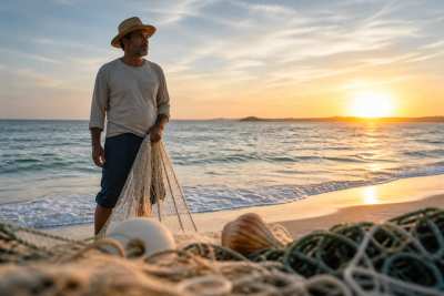 Retrato de um pescador do litoral, rosto marcado pelo sol, luz dourada com o mar ao fundo
