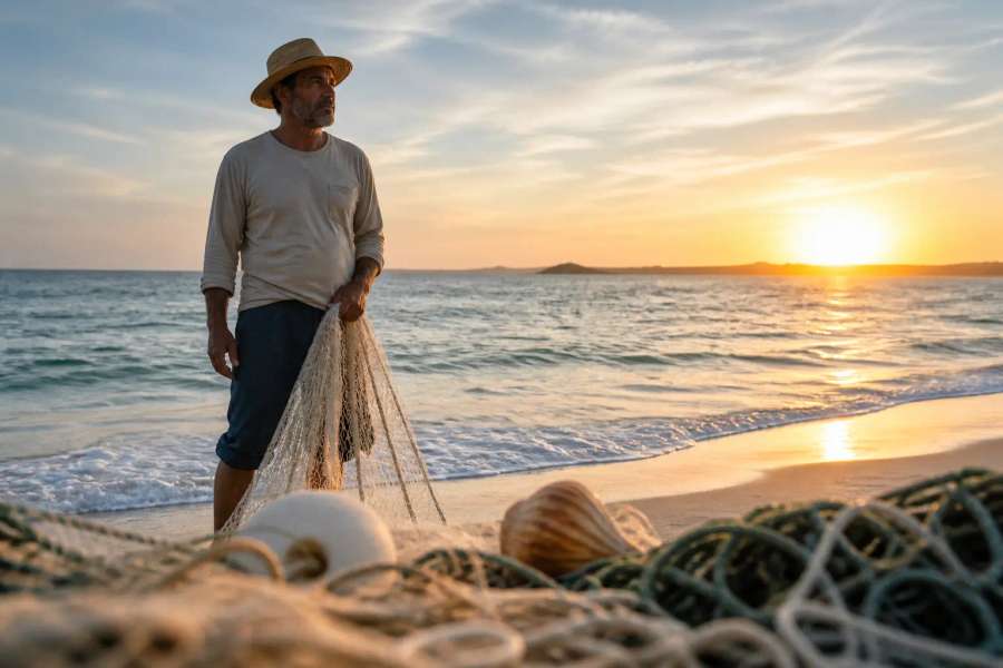 Retrato de um pescador do litoral, rosto marcado pelo sol, luz dourada com o mar ao fundo
