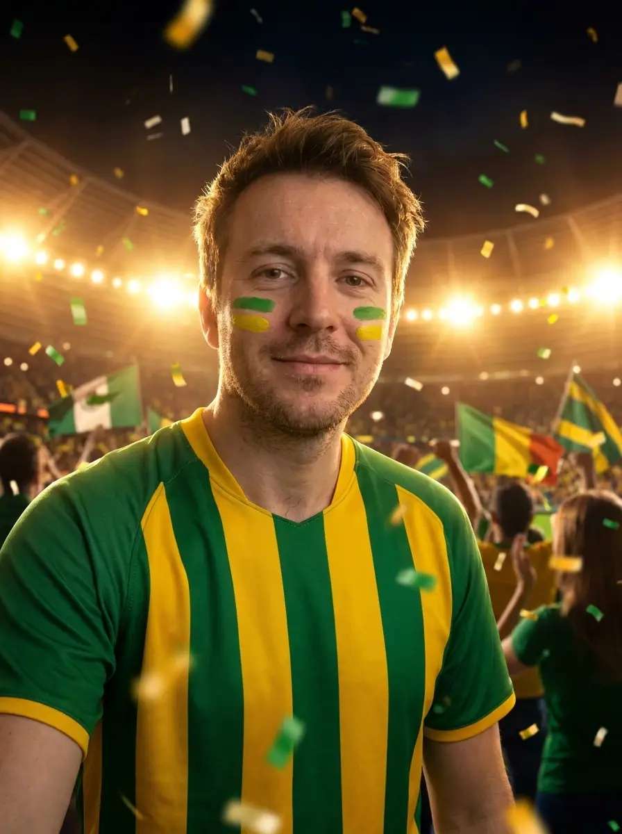 Depois — Retrato de torcedor(a) verde-amarelo — clima de Copa 2026